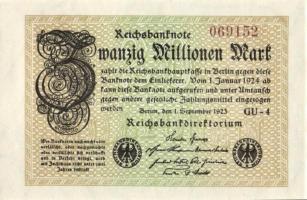 Német Birodalom / Weimari Köztársaság 1923. 20.000.000M (4x) egymás utáni sorszámokkal T:I
