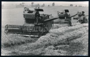 1972 Pálfa, aratás munkagépekkel, sajtófotó, a hátoldalon feliratozott, pecséttel jelzett, 18x11 cm