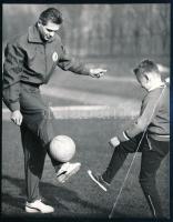 1966 Mátrai Sándor válogatott labdarúgó, az FTC játékosa fiával focizik, sajtófotó, a hátoldalon feliratozott, pecséttel jelzett, saroktöréssel, 15x12 cm