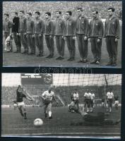 1965 A magyar labdarúgó-válogatott játékosai (köztük Albert Flórián) a mérkőzés előtti felsorakozásnál és meccs közben, 4 db sajtófotó, a hátoldalon feliratozottak, pecséttel jelzettek, 18x10 cm körül