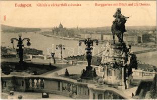 Budapest I. Kilátás a várkertből a Dunára, Országház, Savoyai Jenő herceg lovas szobor. Taussig A. 8825. (EB)