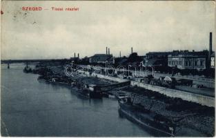 1912 Szeged, Tisza, rakpart, iparvasút, uszályok, gyárak a háttérben. Endrényi Imre kiadása (EK)