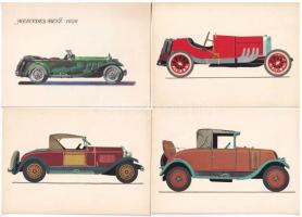 16 db MODERN autós motívum képeslap, Darvas Árpád szignóval. Képzőművészeti Alap Kiadóvállalat / 16 modern motive postcards, automobiles, signed by Árpád Darvas