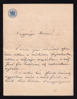 1915 Lugos, Issekutz Aurél (1864-1934), Krassó-Szörény Vármegye alispánja, későbbi belügyi államtitkár részvétnyilvánító levele egy ismeretlennek címezve, miután fia I. világháborúban életét vesztette. Két beírt oldal, fejléces papíron, Issekutz Aurél autográf aláírásával.
