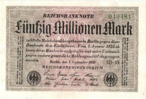 Német Birodalom / Weimari Köztársaság 1923. 50.000.000M (2x) kis ugrású sorszámokkal T:I-