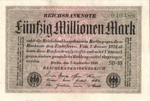 Német Birodalom / Weimari Köztársaság 1923. 50.000.000M (2x) kis ugrású sorszámokkal T:I-