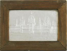 Országház régi keretben, alumínium, Hoffmann Ferenc Képkereskedés és Képkeretgyár Budapest, 7,5x12,5 cm