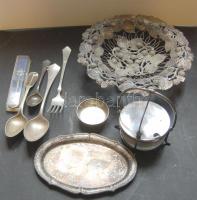 Alpakka és fém tétel: cukortartó, kések, tálka, kávéskanál, dísztál a XX. elejéről / alpakka lot