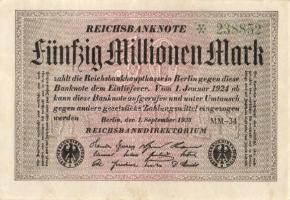 Német Birodalom / Weimari Köztársaság 1923. 50.000.000M (6x) egymás utáni ill. kis ugrású sorszámokk...