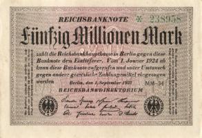 Német Birodalom / Weimari Köztársaság 1923. 50.000.000M (6x) egymás utáni ill. kis ugrású sorszámokk...