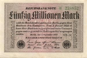 Német Birodalom / Weimari Köztársaság 1923. 50.000.000M (6x) egymás utáni ill. kis ugrású sorszámokk...