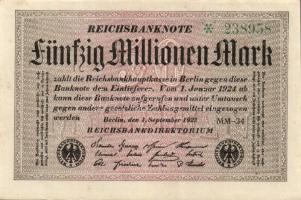 Német Birodalom / Weimari Köztársaság 1923. 50.000.000M (6x) egymás utáni ill. kis ugrású sorszámokk...