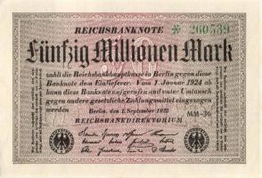 Német Birodalom / Weimari Köztársaság 1923. 50.000.000M (5x) egymás utáni sorszámokkal T:I