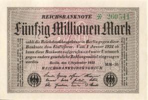 Német Birodalom / Weimari Köztársaság 1923. 50.000.000M (5x) egymás utáni sorszámokkal T:I