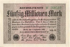 Német Birodalom / Weimari Köztársaság 1923. 50.000.000M (5x) egymás utáni sorszámokkal T:I