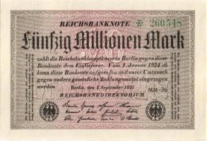 Német Birodalom / Weimari Köztársaság 1923. 50.000.000M (5x) egymás utáni ill. kis ugrású sorszámokk...