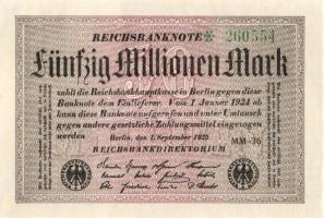 Német Birodalom / Weimari Köztársaság 1923. 50.000.000M (5x) egymás utáni ill. kis ugrású sorszámokk...
