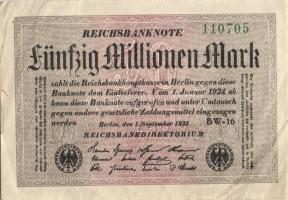 Német Birodalom / Weimari Köztársaság 1923. 50.000.000M (6x) kis ugrású ill. egymás utáni sorszámokk...