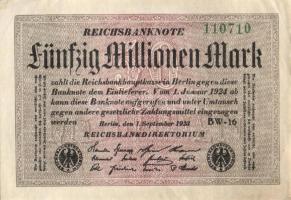 Német Birodalom / Weimari Köztársaság 1923. 50.000.000M (6x) kis ugrású ill. egymás utáni sorszámokk...