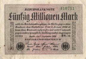 Német Birodalom / Weimari Köztársaság 1923. 50.000.000M (6x) kis ugrású ill. egymás utáni sorszámokk...