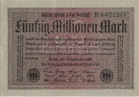Német Birodalom / Weimari Köztársaság 1923. 50.000.000M (5x) szürke papíron, egymás utáni ill. kis u...