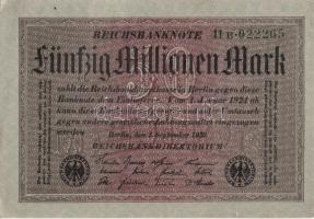 Német Birodalom / Weimari Köztársaság 1923. 50.000.000M (5x) szürke papíron, egymás utáni ill. kis u...