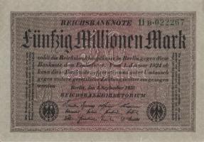 Német Birodalom / Weimari Köztársaság 1923. 50.000.000M (5x) szürke papíron, egymás utáni ill. kis u...