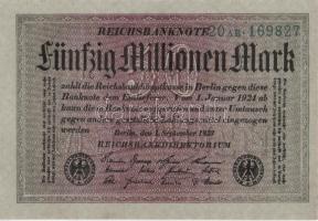 Német Birodalom / Weimari Köztársaság 1923. 50.000.000M (3x) szürke papíron, egymás utáni sorszámokkal T:I