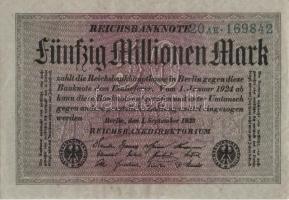 Német Birodalom / Weimari Köztársaság 1923. 50.000.000M (3x) szürke papíron, egymás utáni ill. kis u...