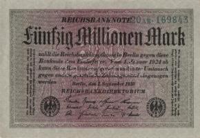 Német Birodalom / Weimari Köztársaság 1923. 50.000.000M (3x) szürke papíron, egymás utáni ill. kis u...