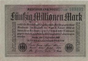 Német Birodalom / Weimari Köztársaság 1923. 50.000.000M (2x) szürke papíron, kis ugrású sorszámokkal...