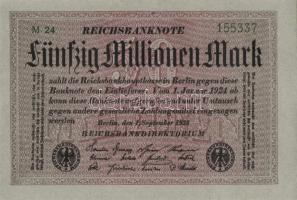 Német Birodalom / Weimari Köztársaság 1923. 50.000.000M (3x) szürke papíron, egymás utáni sorszámokkal T:I