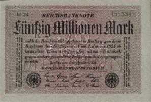 Német Birodalom / Weimari Köztársaság 1923. 50.000.000M (3x) szürke papíron, egymás utáni sorszámokk...