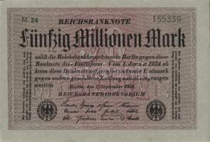 Német Birodalom / Weimari Köztársaság 1923. 50.000.000M (3x) szürke papíron, egymás utáni sorszámokk...