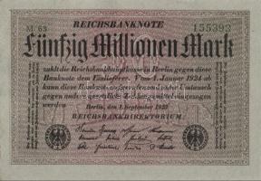 Német Birodalom / Weimari Köztársaság 1923. 50.000.000M (3x) szürke papíron, egymás utáni sorszámokkal T:I