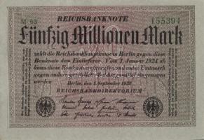 Német Birodalom / Weimari Köztársaság 1923. 50.000.000M (3x) szürke papíron, egymás utáni sorszámokk...