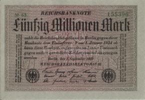 Német Birodalom / Weimari Köztársaság 1923. 50.000.000M (4x) szürke papíron, egymás utáni sorszámokkal T:I