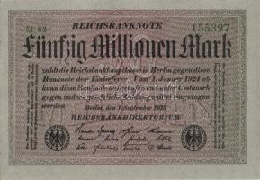 Német Birodalom / Weimari Köztársaság 1923. 50.000.000M (4x) szürke papíron, egymás utáni sorszámokk...