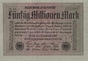 Német Birodalom / Weimari Köztársaság 1923. 50.000.000M (4x) szürke papíron, egymás utáni sorszámokk...