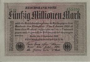 Német Birodalom / Weimari Köztársaság 1923. 50.000.000M (5x) szürke papíron, egymás utáni sorszámokkal T:I