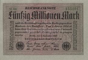 Német Birodalom / Weimari Köztársaság 1923. 50.000.000M (5x) szürke papíron, egymás utáni sorszámokk...