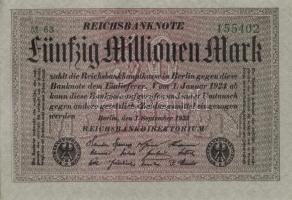 Német Birodalom / Weimari Köztársaság 1923. 50.000.000M (5x) szürke papíron, egymás utáni sorszámokk...