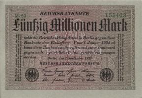 Német Birodalom / Weimari Köztársaság 1923. 50.000.000M (5x) szürke papíron, egymás utáni sorszámokk...