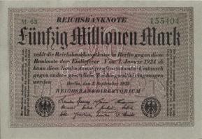 Német Birodalom / Weimari Köztársaság 1923. 50.000.000M (5x) szürke papíron, egymás utáni sorszámokk...