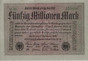 Német Birodalom / Weimari Köztársaság 1923. 50.000.000M (3x) szürke papíron, egymás utáni sorszámokkal T:I