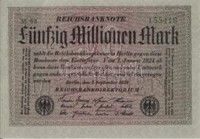 Német Birodalom / Weimari Köztársaság 1923. 50.000.000M (4x) szürke papíron, egymás utáni sorszámokkal T:I