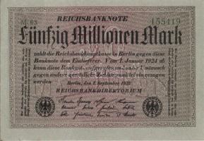 Német Birodalom / Weimari Köztársaság 1923. 50.000.000M (4x) szürke papíron, egymás utáni sorszámokk...