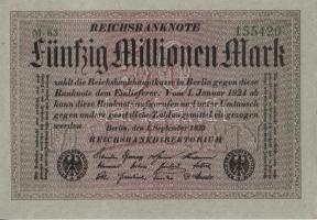 Német Birodalom / Weimari Köztársaság 1923. 50.000.000M (4x) szürke papíron, egymás utáni sorszámokk...