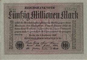 Német Birodalom / Weimari Köztársaság 1923. 50.000.000M (4x) szürke papíron, egymás utáni sorszámokk...