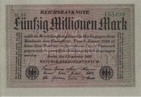 Német Birodalom / Weimari Köztársaság 1923. 50.000.000M (4x) szürke papíron, egymás utáni sorszámokkal T:I